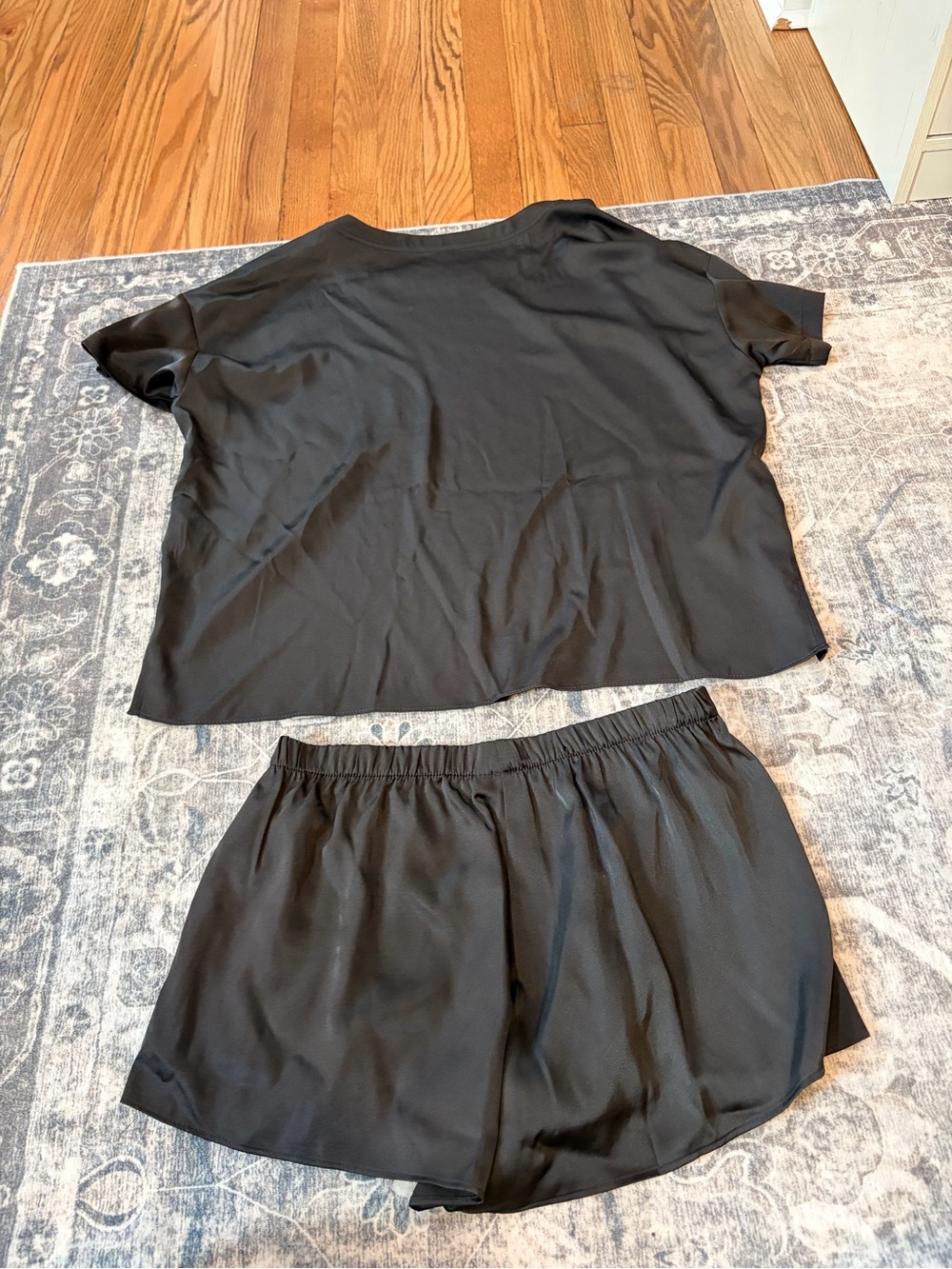 Silky Black Short Sleeve Pajama Set — Relaxed Top & Elastic Waist Shorts - Picture 4 of 4